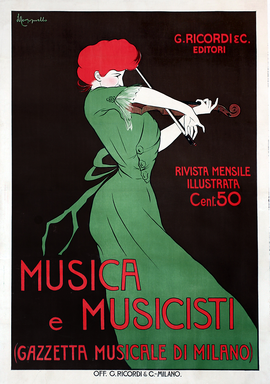 woman plays violin; brown, green, red