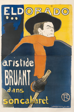 Aristide Bruant in front of theater with red scarf, cap & cane; red, blue, yellow, black