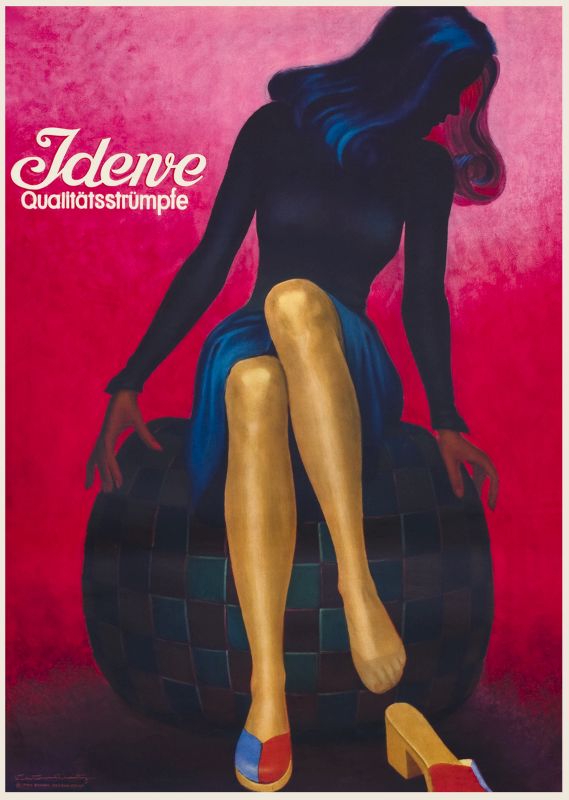 Shadowed woman shows off her highlighted stockings; red, pink, blue, tan