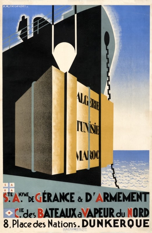 Oceanliner lowers a crate labeled Algerie, Tunisie, Maroc onto a dock; yellow, black, blue