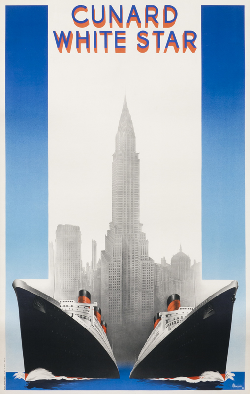 Queen Elizabeth & St Mary sail from New York harbor with Chrysler Building behind; red, blue, black