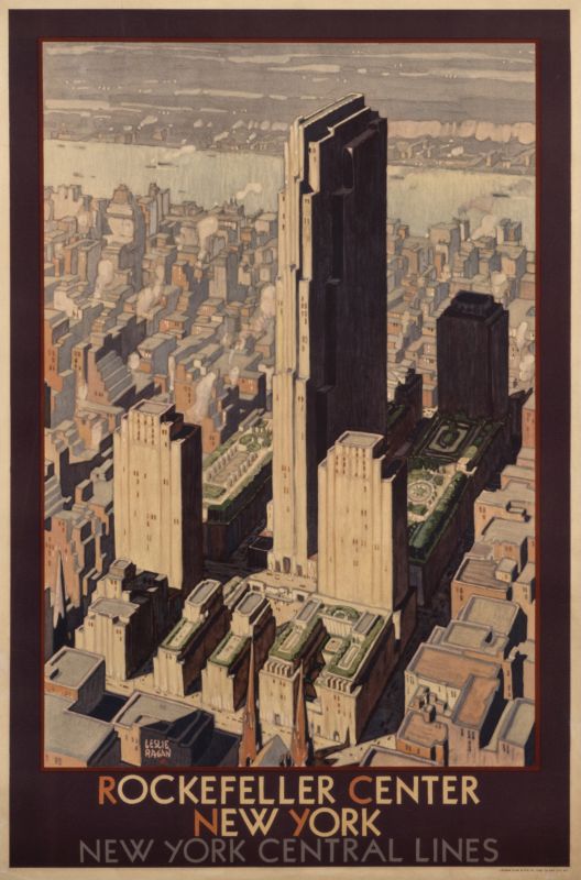 Aerial view of Rockefeller Center; beige, brown, orange