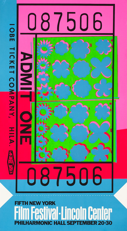 Theater ticket decorated with flowers, stars, clouds; fluorescent blue, green, pink, red