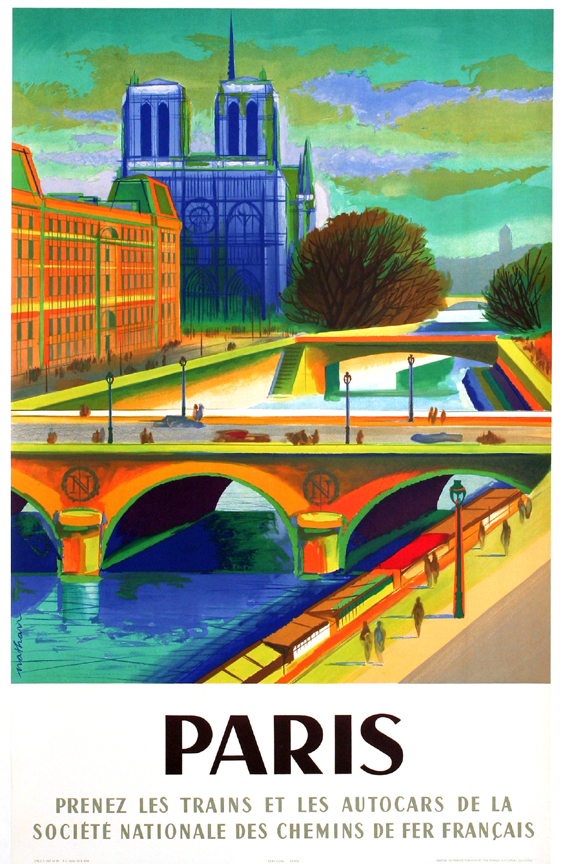 View of Notre Dame and pont Saint-Michel along the Seine; blue, orange, green