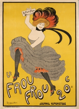 Woman in flowing petticoats dances and holds humorist magazine; yellow, gray, pink