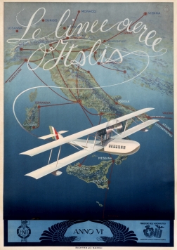 Byplane flies over map of Italy; blue green, white, red