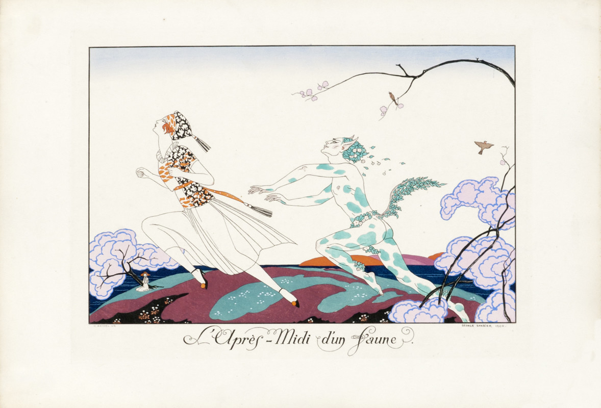 Woman being chased by a satyr (Nijinsky) on hill by water; green, pink, orange