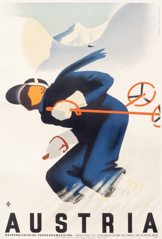 Man skiing downhill on mountain; red, white, blue, black