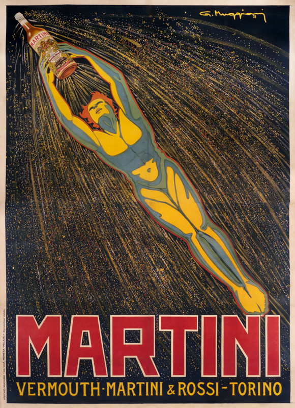 Naked man zooms through air holding a bottle overhead; red, yellow, black