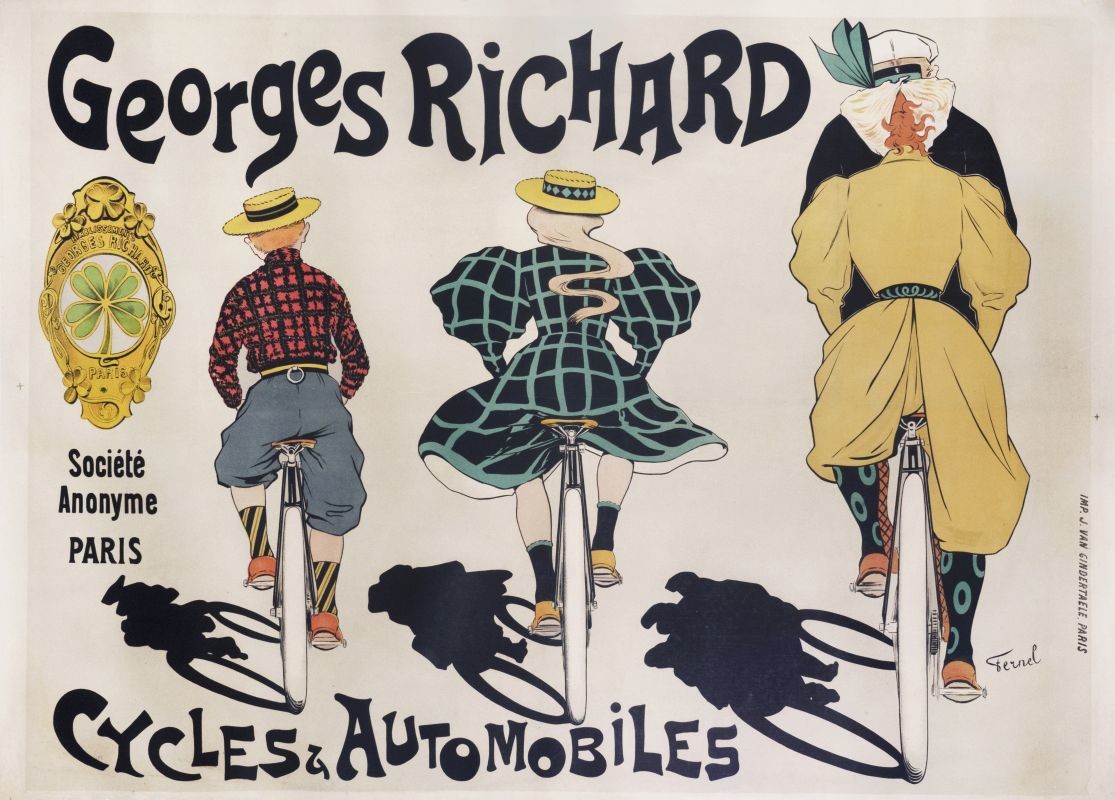 girl, boy on bikes and parents on tandem bike seen from behind; yellow, black, blue, red