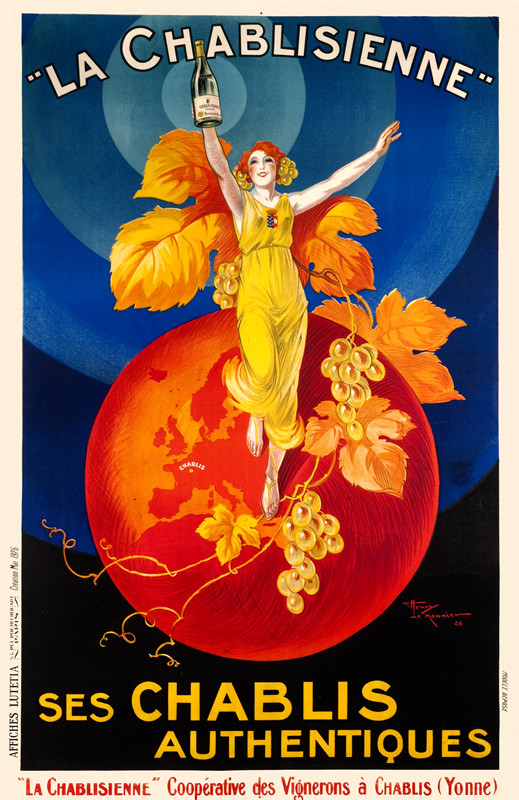 Woman stands on globe with bottle and grapes; red, orange, yellow, blue