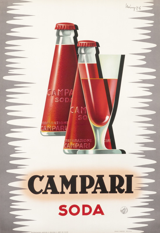 Two Futurist bottles of Campari soda with a glass; red, white, gray
