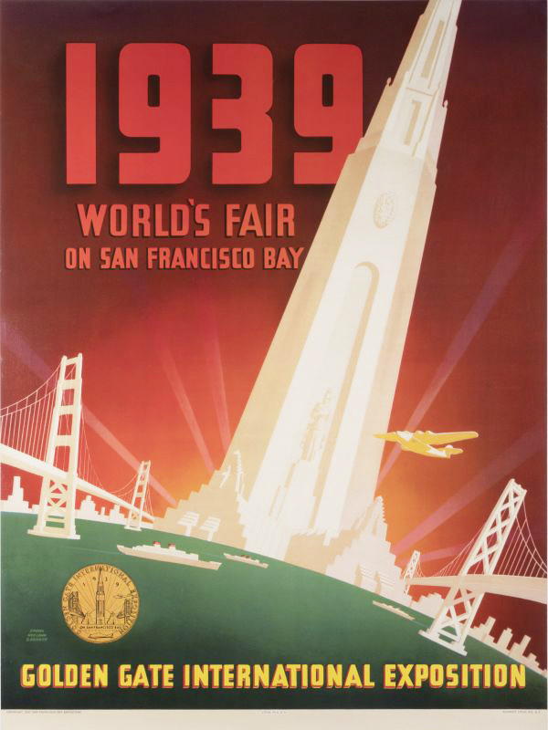 View of San Francisco bay with Golden gate and ships; red, green, beige