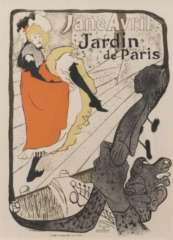 CanCan dancer performs before bass player; blue, green, orange, yellow