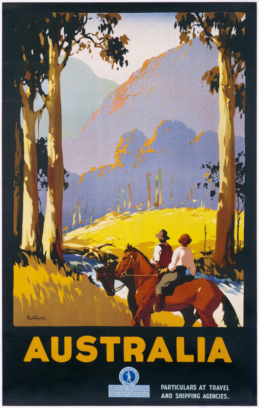 Couple horseback riding overlooking rivers, trees, and mountains; yellow, purple, blue, brown