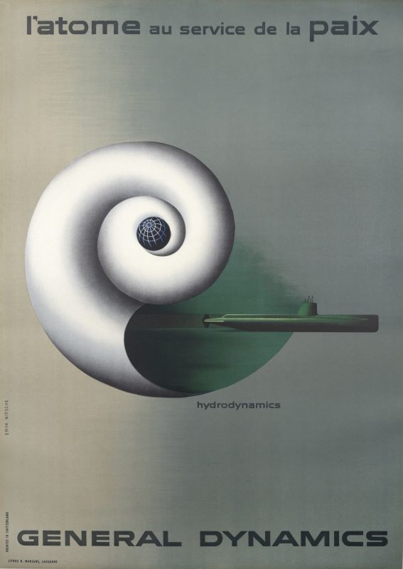 Nautilus shell and submarine; gray, white, green