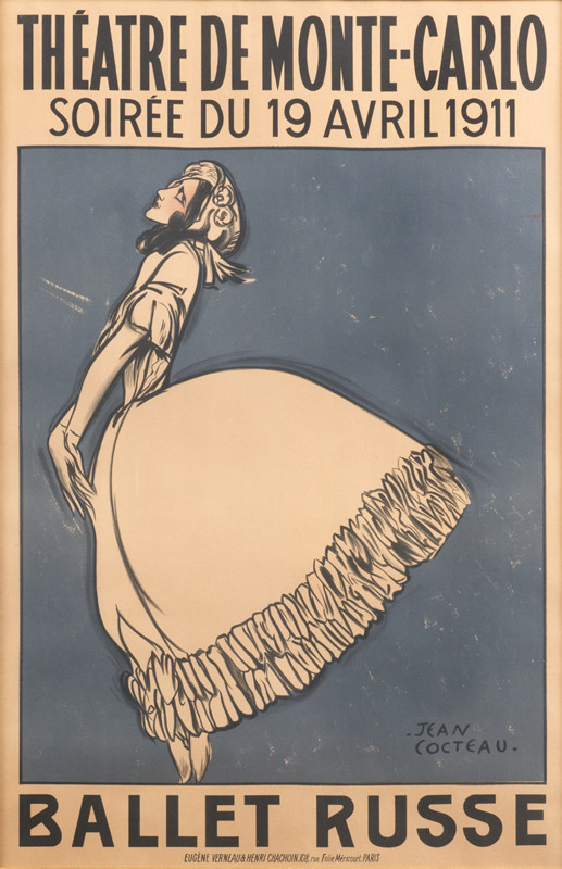 Woman in full skirt and bonnet stands on tip toes; blue, gray, white